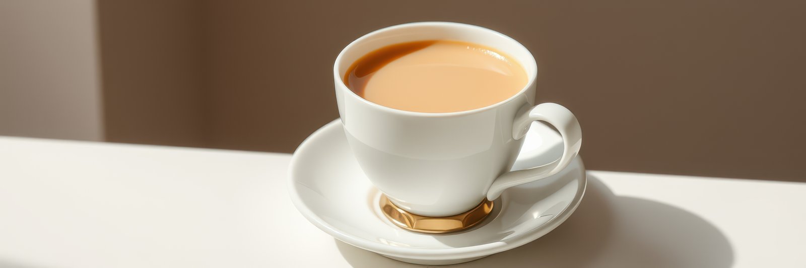 Freshly brewed coffee in a white cup on a saucer, surrounded by soft natural light in a cozy setting